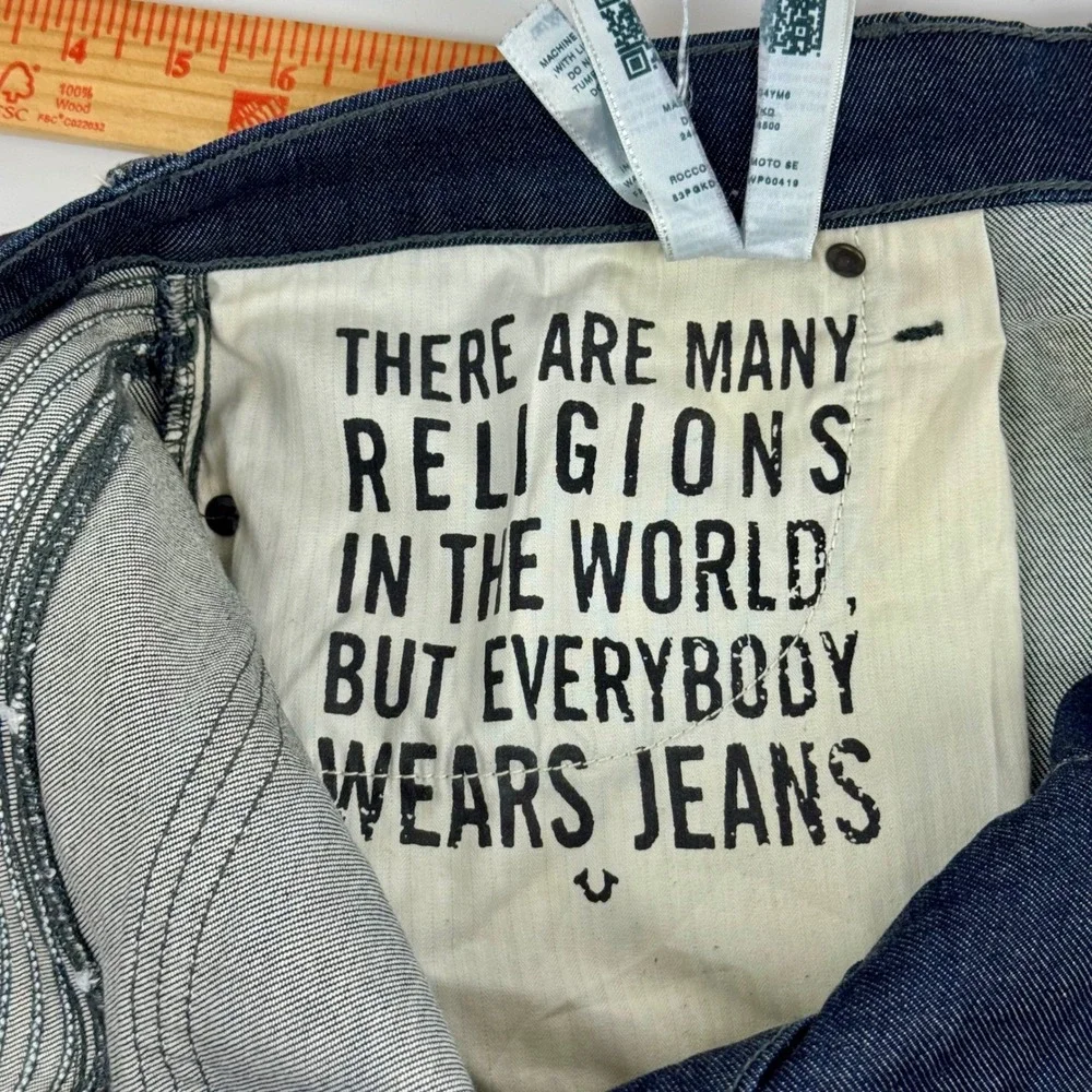 True Religion Rocco Relaxed Skinny‎ Jeans Mens 40 Dark Indigo Moto Ribbed Denim
